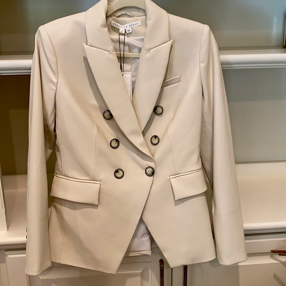 Brand New!  Veronica Beard Miller Dickey Faux Leather Blazer.  Size US 4. Ecru